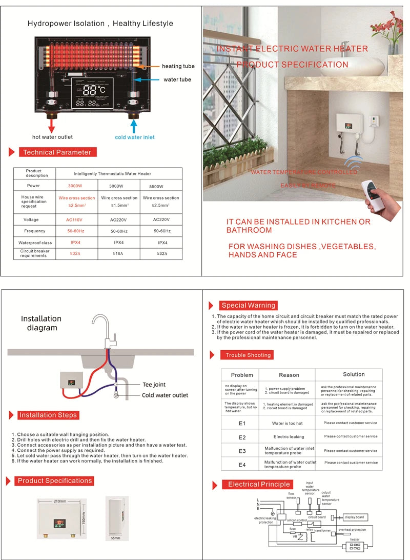 110-220AC Instant ElectricTankless Water Heater Hot Instantaneous Water Heater System for Kitchen Bathroom with remote control