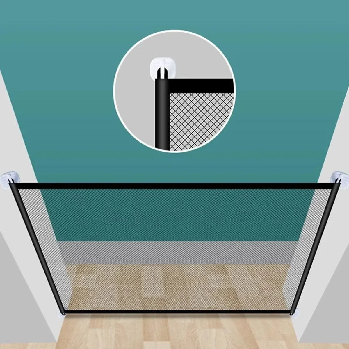 Pet Barrier Fence Baby Safety Gate Mesh with Telescopic Pole Hook Stairs Entrance Indoor Gate Fence Safety Protection Punch-free