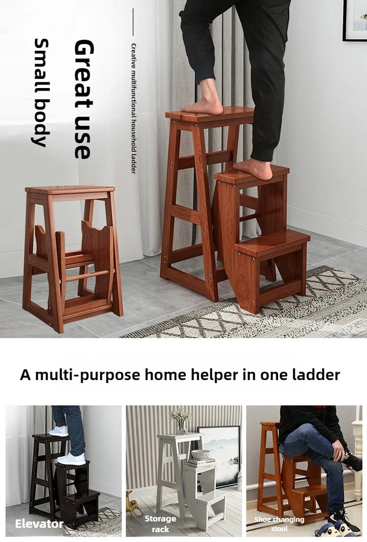 Innovative Multifunctional Household Ladder: Solid Wood Folding Storage, Dual-Use Ladder Chair, Climbing Stool for Home