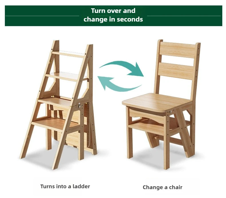 Innovative Multifunctional Household Ladder: Solid Wood Folding Storage, Dual-Use Ladder Chair, Climbing Stool for Home