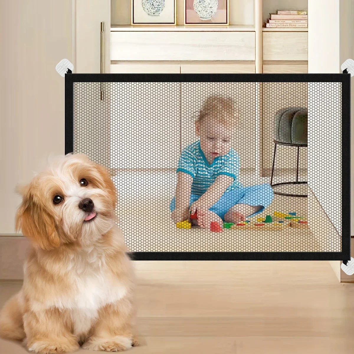 Pet Barrier Fence Baby Safety Gate Mesh with Telescopic Pole Hook Stairs Entrance Indoor Gate Fence Safety Protection Punch-free