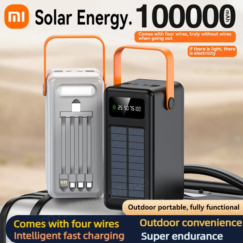 Xiaomi 100000mAh Solar Panel Power Bank Fast charging Comes with Four Wire External Battery Pack with Flashlight For Outdoors 