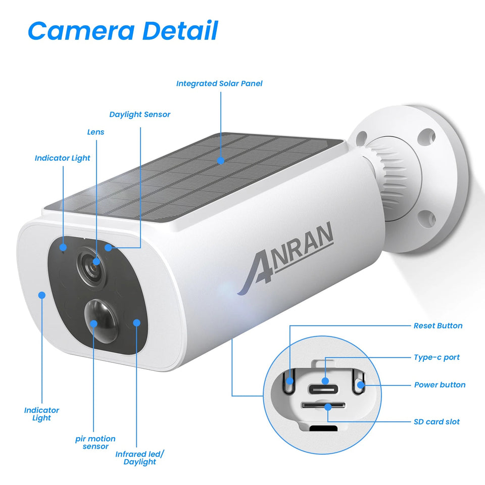 ANRAN 2K Wifi Solar Camera PIR Detect 3MP Outdoor Surveillance Solar Powered Camera Security Protection Rechargeable Battery Aimak Store