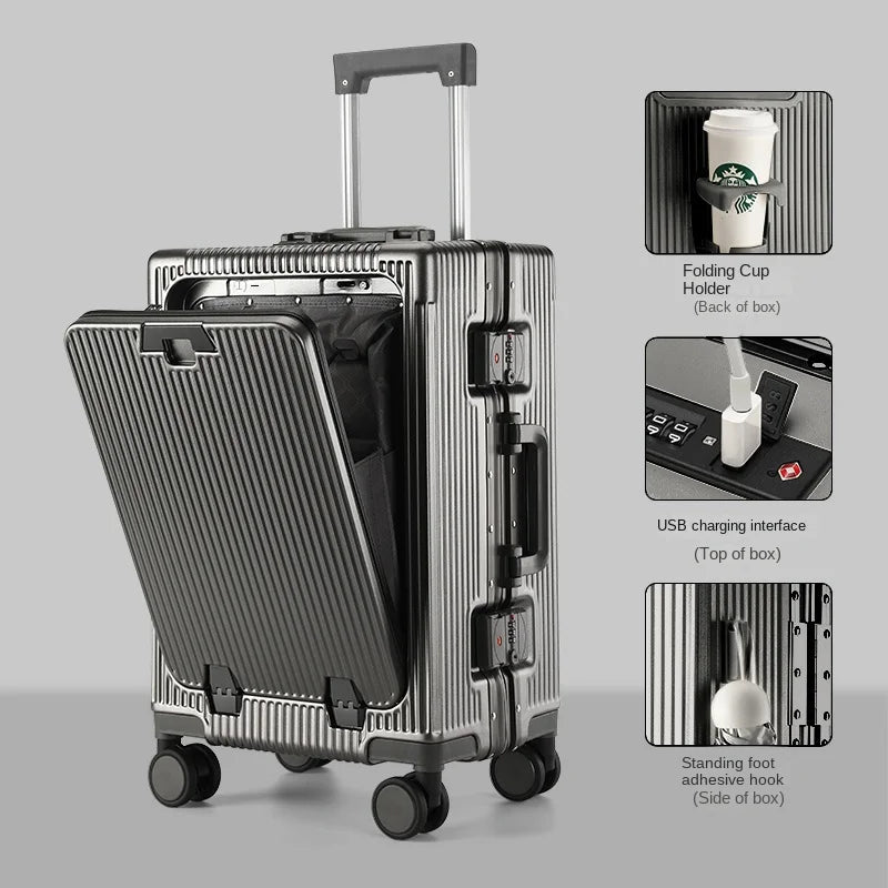 New Front Opening Suitcase Cabin Trolley Case 20/24/26/28 inch Aluminum Frame Large Capacity Luggage usb Charging TSA Lock Aimak Store