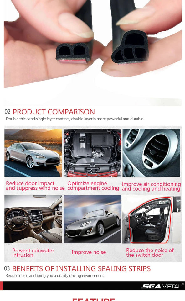 SEAMETAL Car Door Seal Strip Rubber Double Layer Sealing Protector Soundproof Waterproof Weather Strips for Car Door Hood Trunk Aimak Store