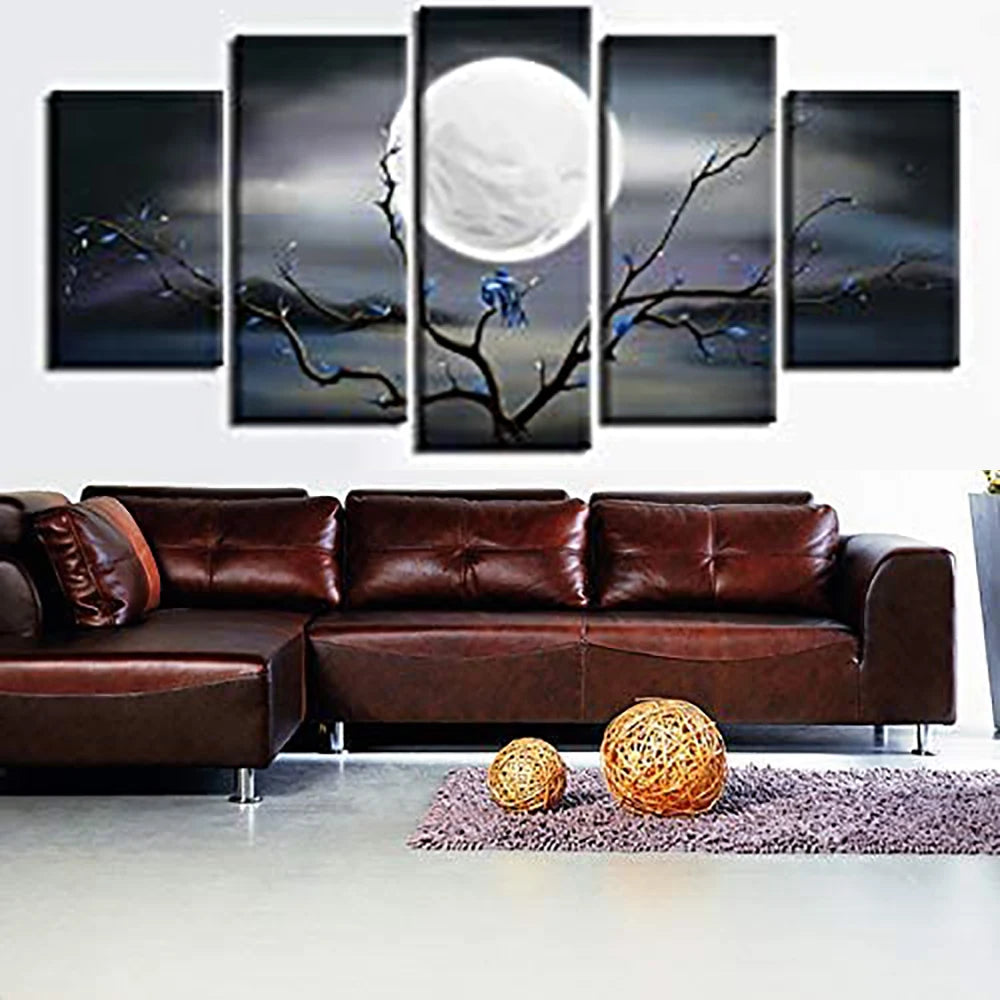 5 Pieces Wall Art Canvas Painting Big Full Moon over Ocean Landscape Modern Abstract Pictures For Living Room Home Decoration Aimak Store