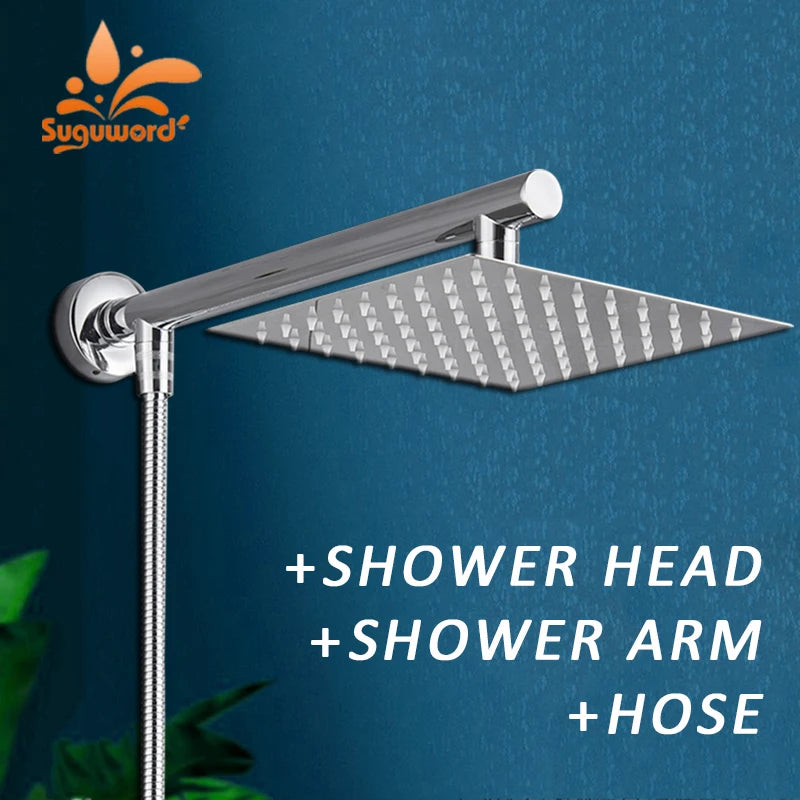 8/10/12 Inch Ultra-thin Wall Mount Rainfall Shower Head With 16inch Stainless Steel Shower Arm 150cm ABS Hose Bathroom Hardware Aimak Store
