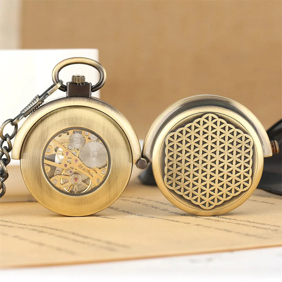 Steampunk Bronze Mechanical Pocket Watch Retro Creative Rotating Cover Roman Numeral Display Manual Mechanism Pendant Male Clock Aimak Store