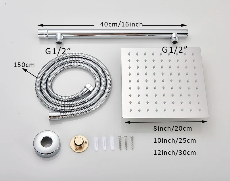8/10/12 Inch Ultra-thin Wall Mount Rainfall Shower Head With 16inch Stainless Steel Shower Arm 150cm ABS Hose Bathroom Hardware Aimak Store