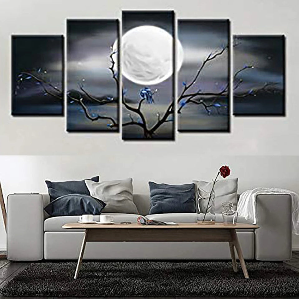 5 Pieces Wall Art Canvas Painting Big Full Moon over Ocean Landscape Modern Abstract Pictures For Living Room Home Decoration Aimak Store