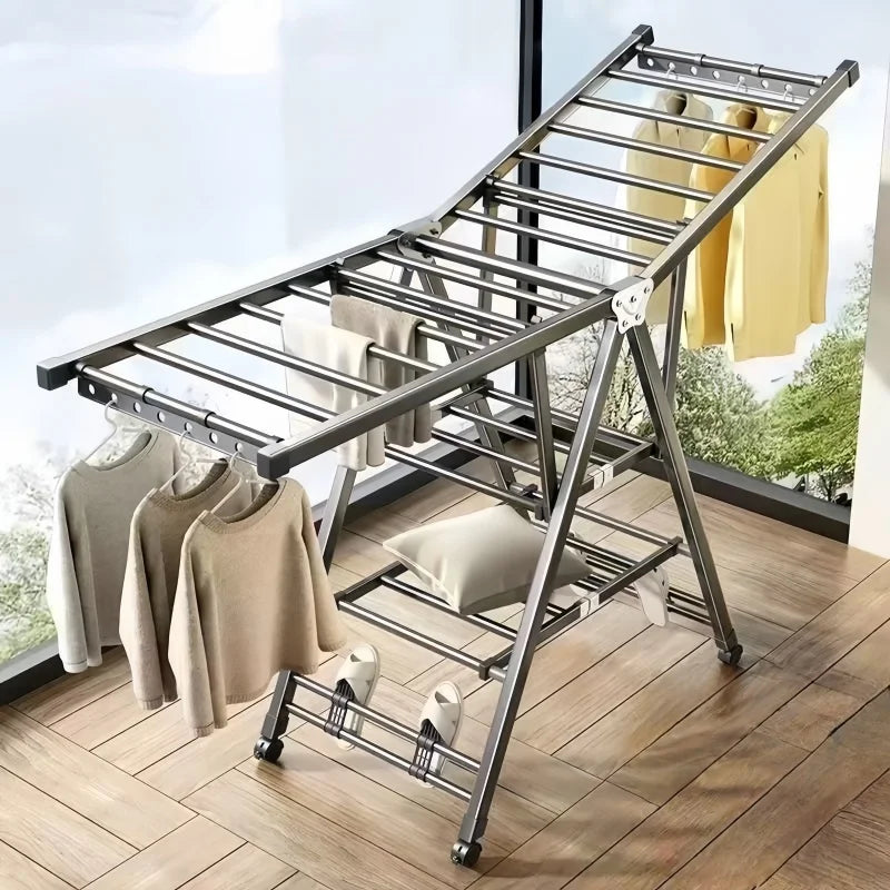 Balcony Clothes Drying Rack Floor-Standing Foldable Household Movable Clothes Drying Rack Dormitory Quilt Drying Rack 3 Floors Aimak Store