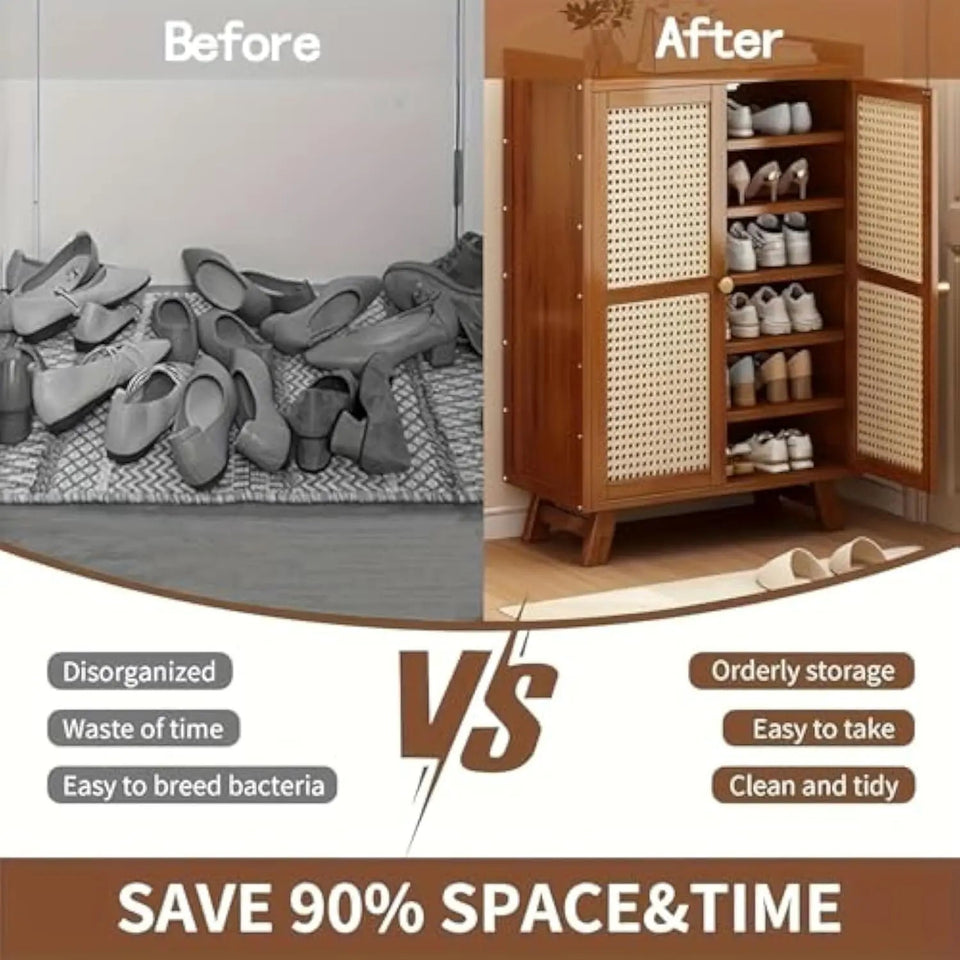 Bamboo Shoe Cabinet, 2-Door Entrance Shoe Cabinet, 7-Layer Standing Shoe Storage Box, Adjustable Shelf, Retro Shoe Cabinet Shoe Aimak Store