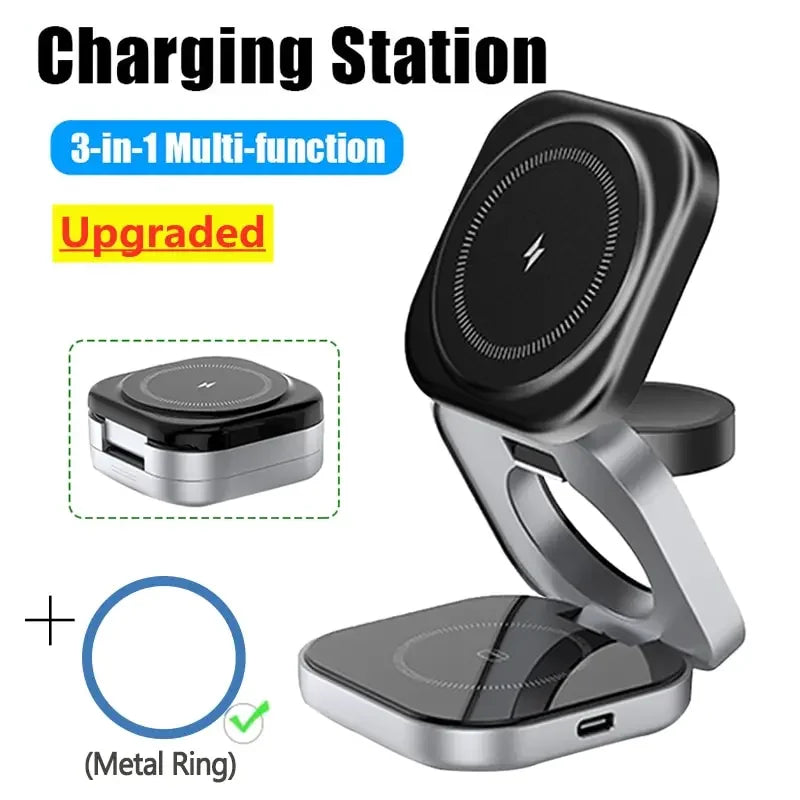 3 In 1 Foldable Magnetic Wireless Charger Stand For iPhone 16 15 14 Samsung IWatch AirPods 3/2 Station Dock Fast Charging Holder Aimak Store