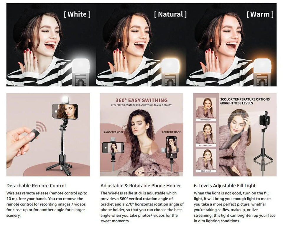 Wireless Bluetooth Selfie Stick Foldable Portable Tripod with Fill Light Shutter Remote Control for Android iPhone Smartphone Aimak Store