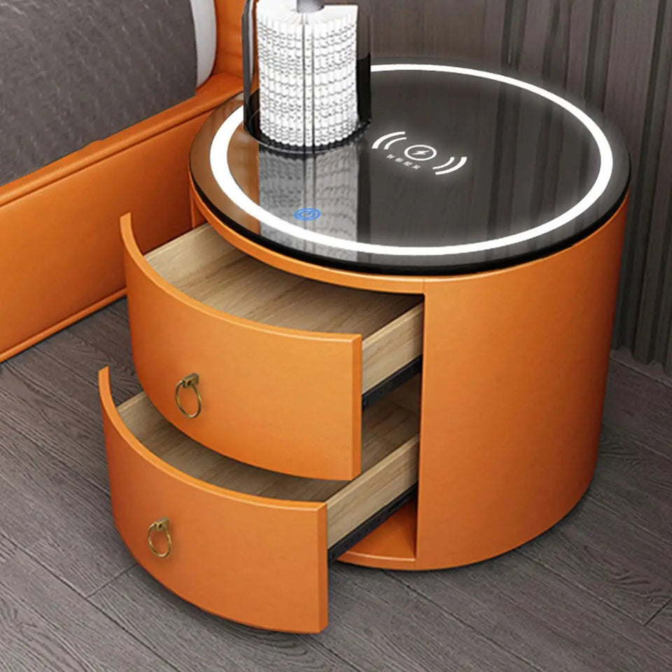 Smart nightstand, modern simple creative bedside table, light luxury senior sense of round net red leather household shelf Aimak Store