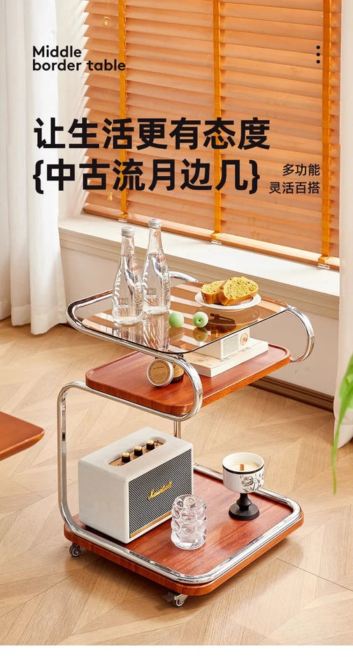 Medieval Style Sofa Side Table Bedside Cabinet Living Room Mobile Coffee Table with Wheels Small Cart Multi-layer Bed Head Shelf Aimak Store