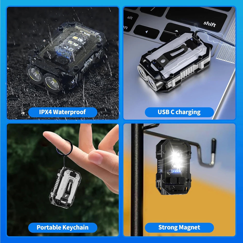 8 Modes Waterproof Mini Keychain Flashlight Magnet USB C Rechargeable EDC 800 High Lumens LED&COB Portable Clip on Flashlights