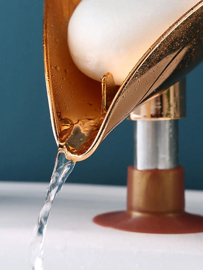 1pc- Gold Leaf shaped Soap tray Bathroom Toilet perforation-free drain soap rack Soap box
