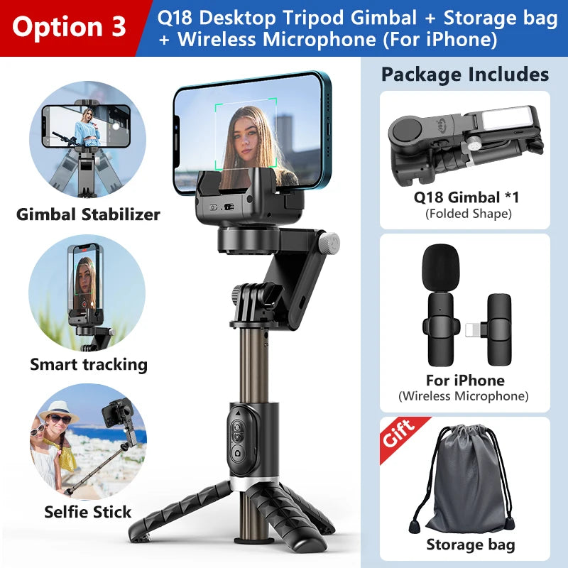 Q18 Desktop Following the shooting Mode Gimbal Stabilizer Selfie Stick Tripod with Fill Light for iPhone Cell Phone Smartphone Aimak Store