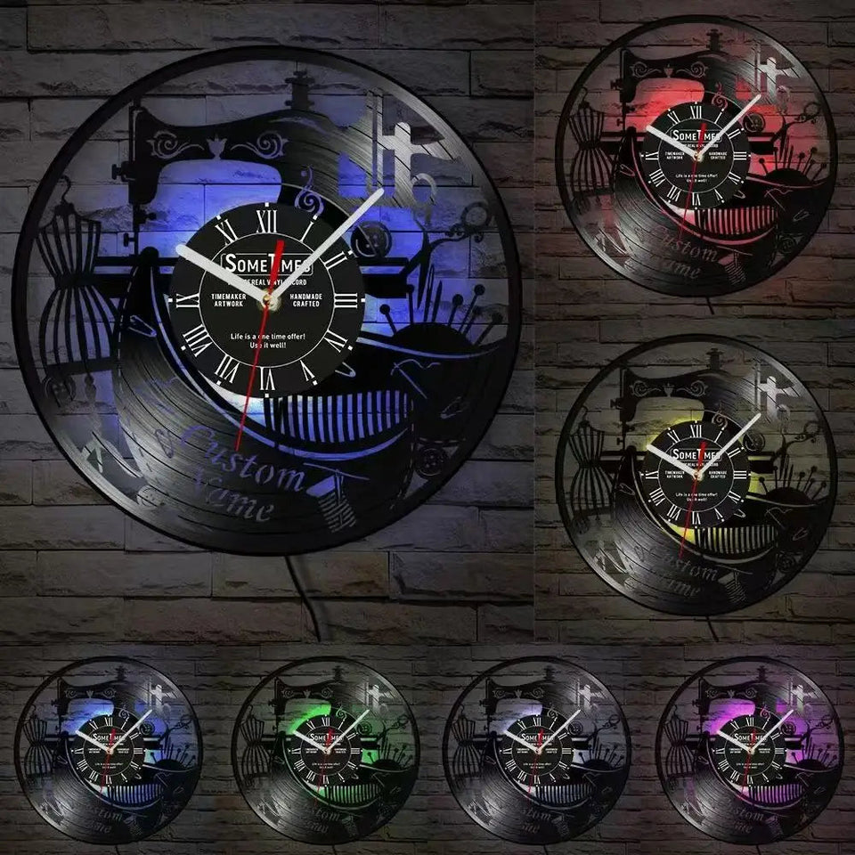 Sewing Machine Customization Vinyl Record Wall Clock Quilting Room Decoration Logo Personalized Tailor Name Clock Tailor Gift Aimak Store