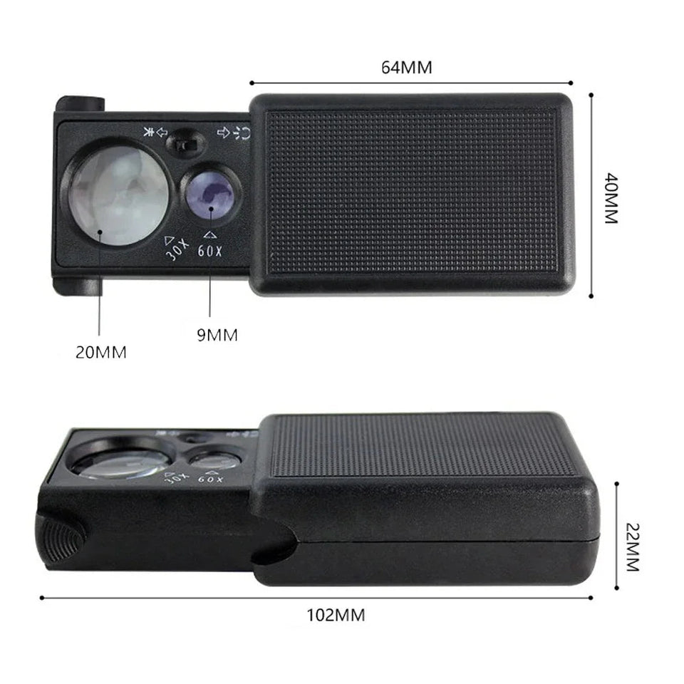30X 60X Pocket Jewelry Magnifier Slide Out Illuminated Magnifying Glass with LED UV Light Handheld Loupe Lens For Diamond Coins Aimak Store