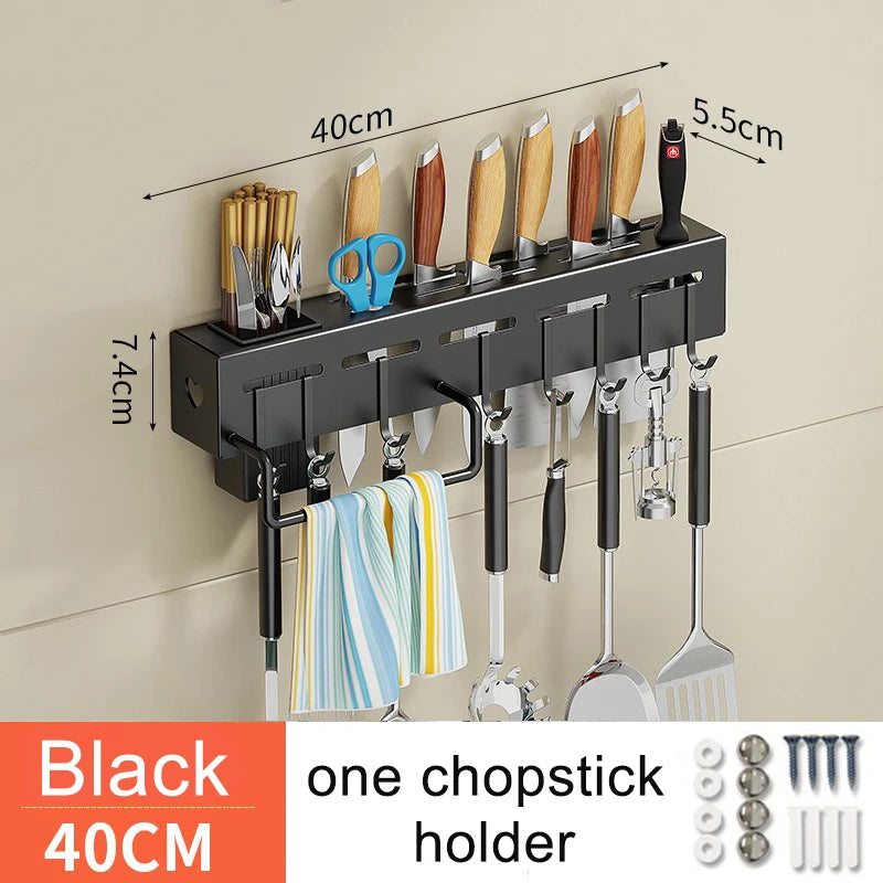 Stainless Steel Frame Wall Mounted Knife Holder Kitchen Nail Free Storage Rack Knife With Hook Kitchen Cabinet Storage Rack Aimak Store