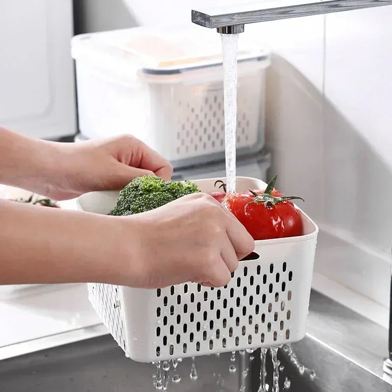 Multipurpose Refrigerator Storage Container with Drain Basket Crisper and Storage Box for Fruits Vegetables Aimak Store
