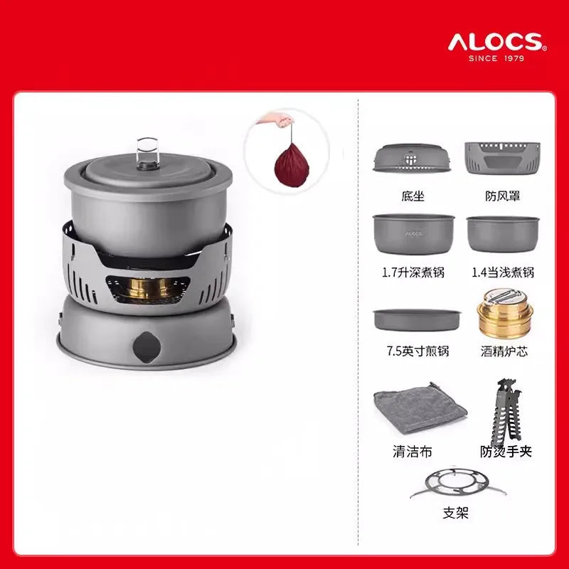 Outdoor Cooking Pot Set ALOCS CW-C05 Camping Portable Easy Storage Picnic Pot With Alcohol Stove Blast Proof Stove Cover Pot Aimak Store