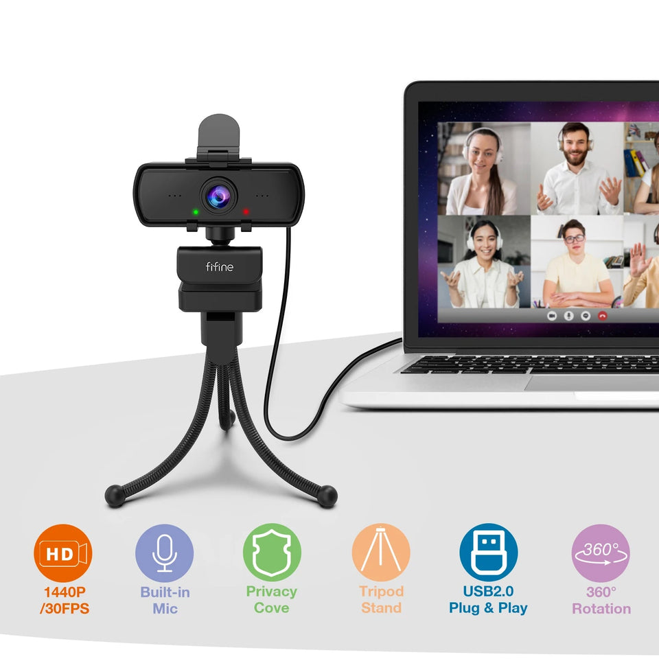 FIFINE 1440p Full HD PC Webcam with Microphone, tripod, for USB Desktop & Laptop,Live Streaming Webcam for Video Calling-K420 Aimak Store