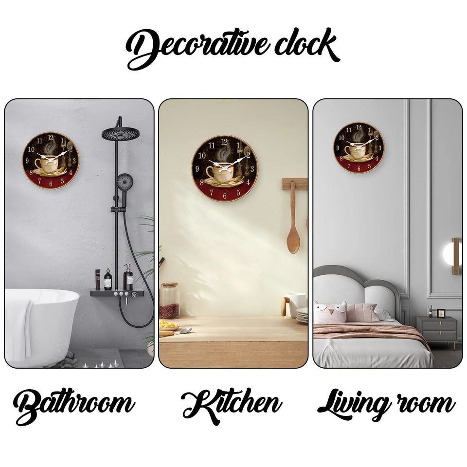Retro Coffee Cup Pattern Wooden Wall Clock Living Room Bedroom Kitchen Home Decoration Wall Clock Silent Quartz Clock Holiday Gift 11.2inch Inches 15.6inch Inches (Without Battery) Aimak Store