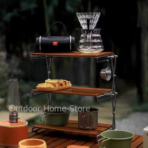 Camping Folding Shelf Outdoor Garden Wood Coffee Table Portable Lightweight Storage Rack Picnic Tourist Adjustable Shell Table Aimak Store