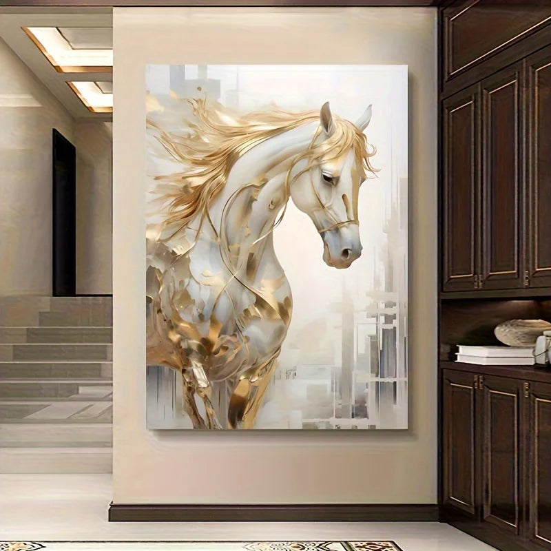 Frameless Golden Horse Canvas Wall Art Modern Decor with Urban Backdrop,White Golden Abstract Painting for Living Room Bedroom Aimak Store