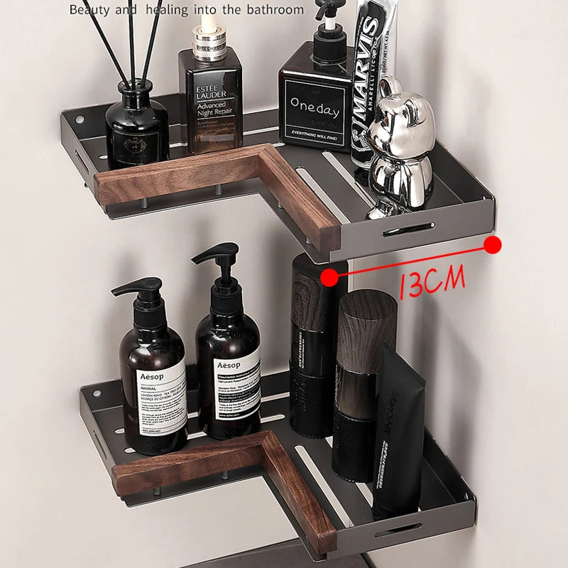 Bathroom Shelf Corner Space Aluminum Wood Bathroom Triangle Basket Shower Room Storage Rack Wall Mounted Aimak Store