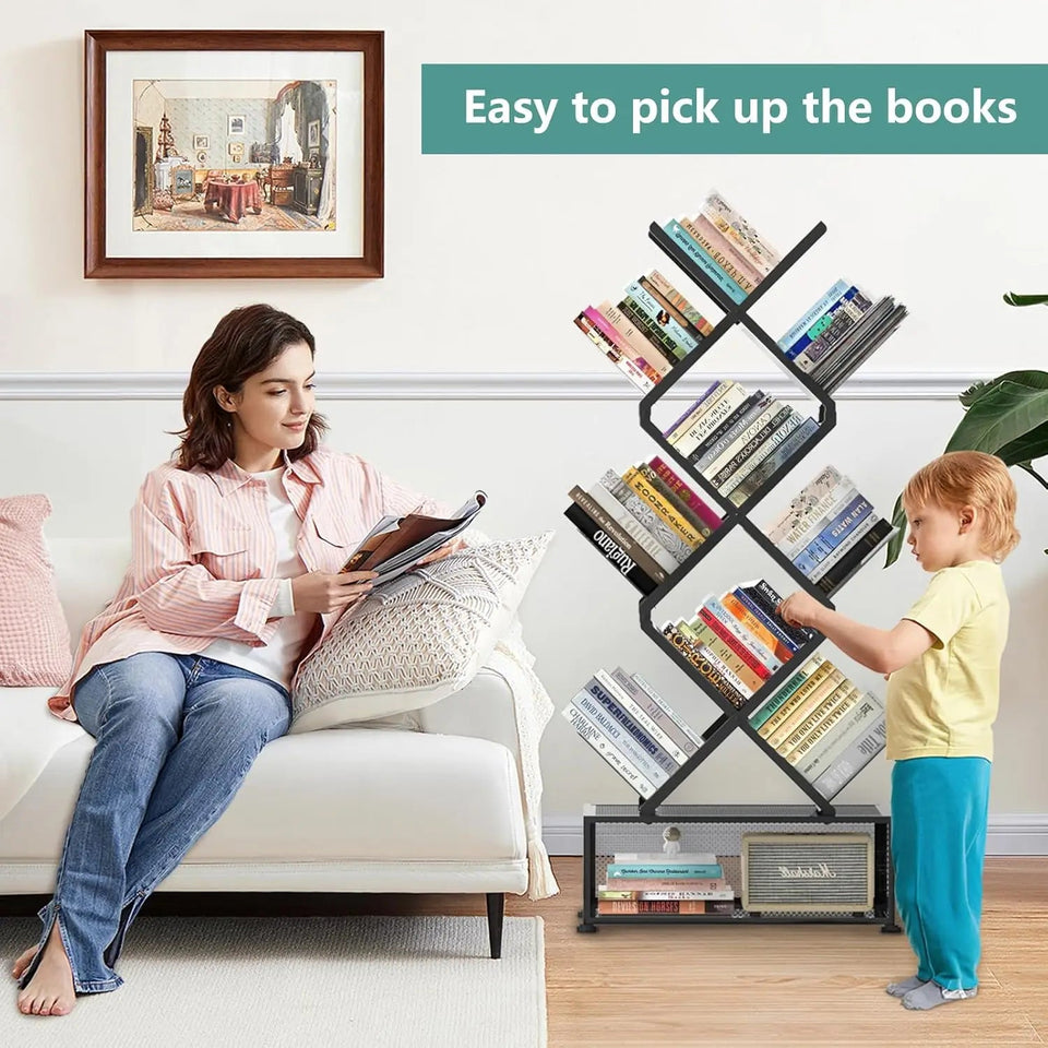 9 Tier Tree Bookshelf with Storage Cabinet,Stylish Design Metal Bookcase for Display of CDs, Bookcases Aimak Store