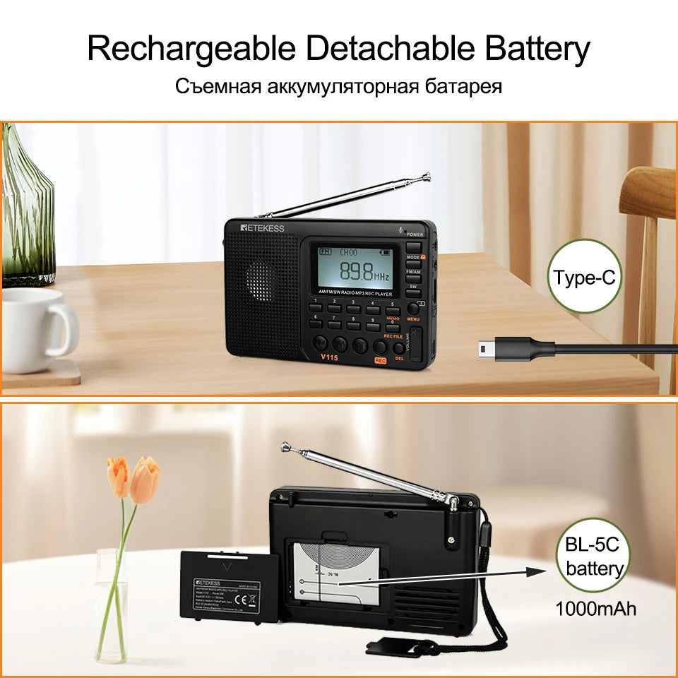 Retekess V115 Radio FM AM SW Portable Radios AM FM Rechargeable Shortwave Radio Battery Powered Full Waves USB Recorder For Gift Aimak Store