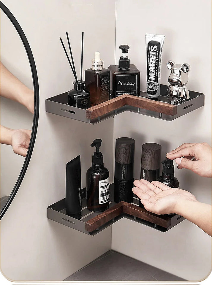 Bathroom Shelf Corner Space Aluminum Wood Bathroom Triangle Basket Shower Room Storage Rack Wall Mounted Aimak Store