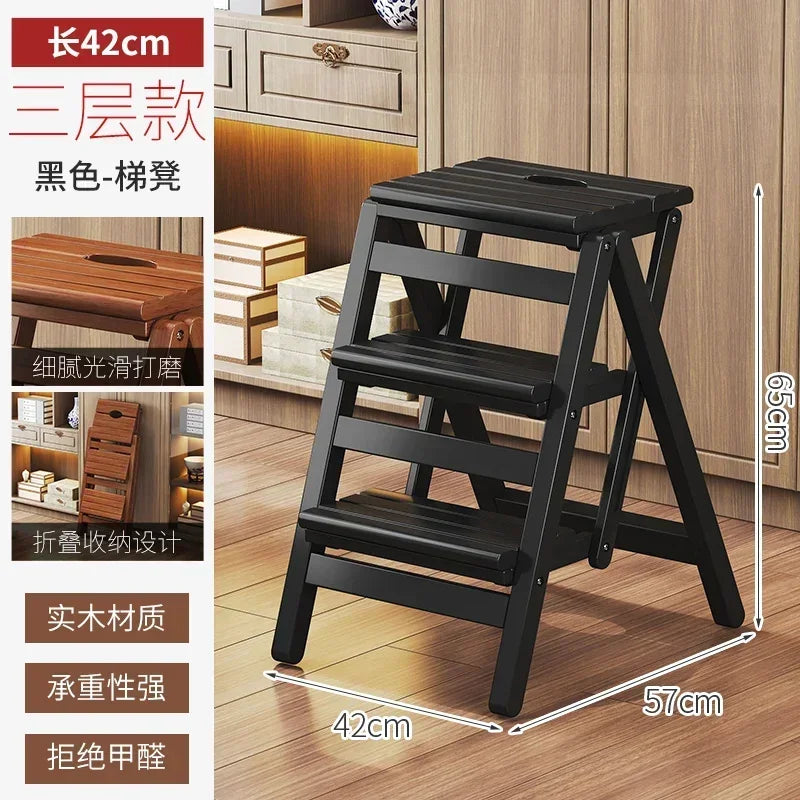 Multi-functional Bamboo Wood Folding Ladder Chair Kitchen Hat Rack 2 Step Ladder Province Space Stair Chair Plant Rack Furniture