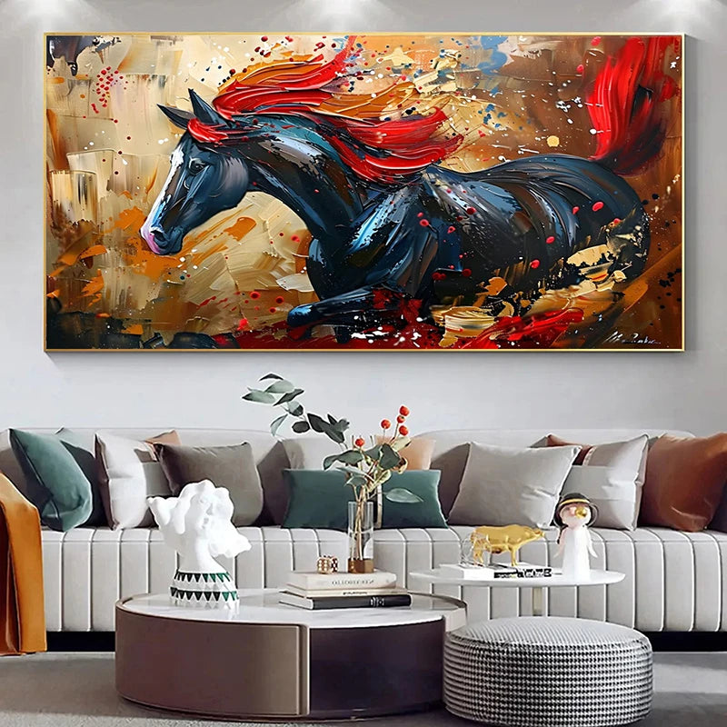Abstract Black Gold Horse Print Canvas Painting, Modern Textured Running Horse Poster Wall Art, For Living Room Decor, No Frame Aimak Store