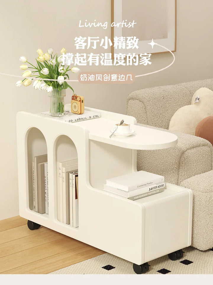 Movable Side Table with Storage Rack Cream Style End Table for Sofa Coffee Table Bedroom and Living Room Aimak Store