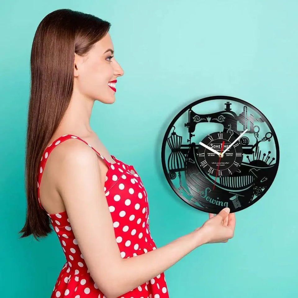 Sewing Machine Customization Vinyl Record Wall Clock Quilting Room Decoration Logo Personalized Tailor Name Clock Tailor Gift Aimak Store