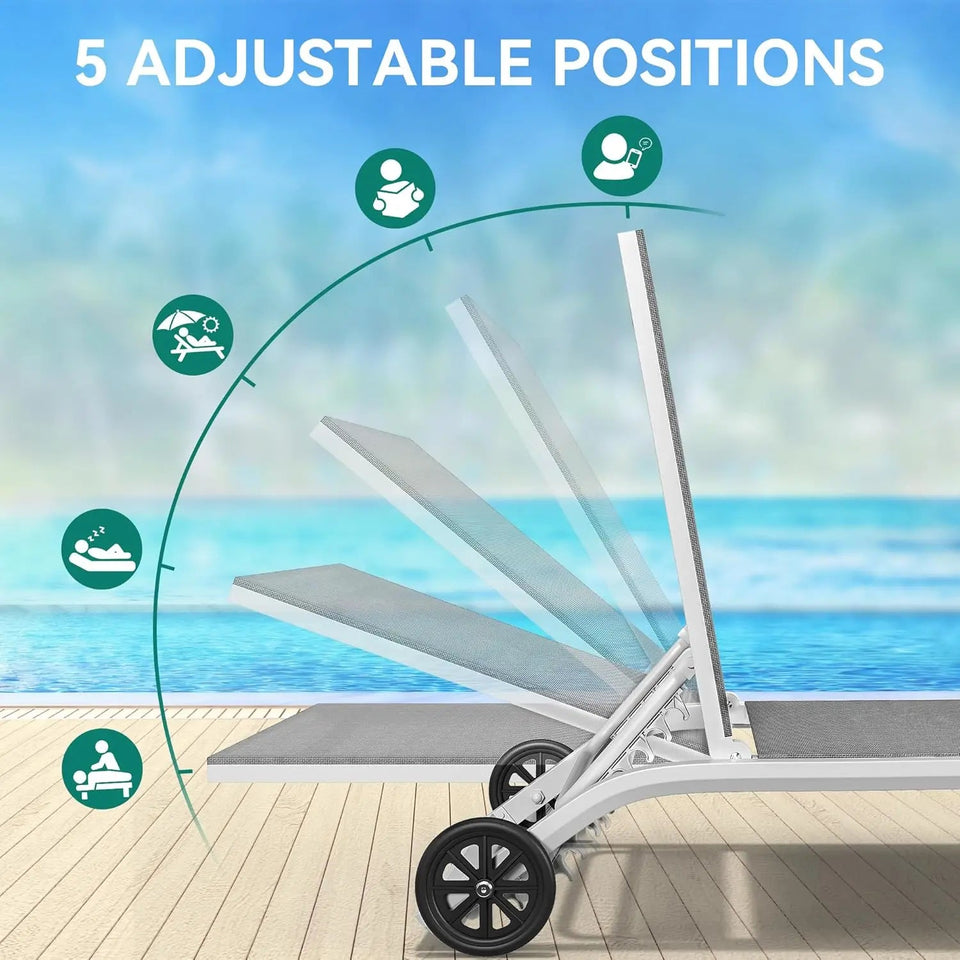 Aluminum Chaise Lounge Outdoor, Widened Patio Lounge Chair with Wheels, 5-Position Adjustable Sunbathing Recliner for Poolside Aimak Store