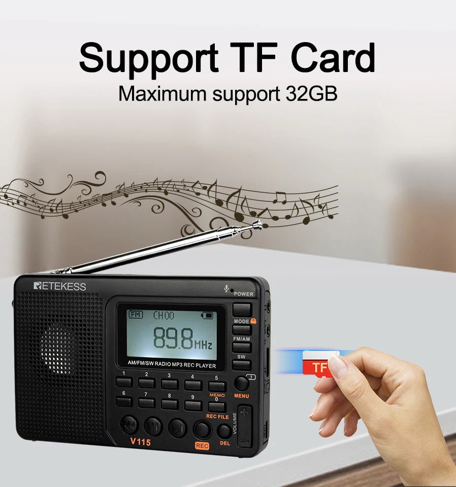 Retekess V115 Radio FM AM SW Portable Radios AM FM Rechargeable Shortwave Radio Battery Powered Full Waves USB Recorder For Gift Aimak Store