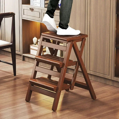 Multi-functional Bamboo Wood Folding Ladder Chair Kitchen Hat Rack 2 Step Ladder Province Space Stair Chair Plant Rack Furniture