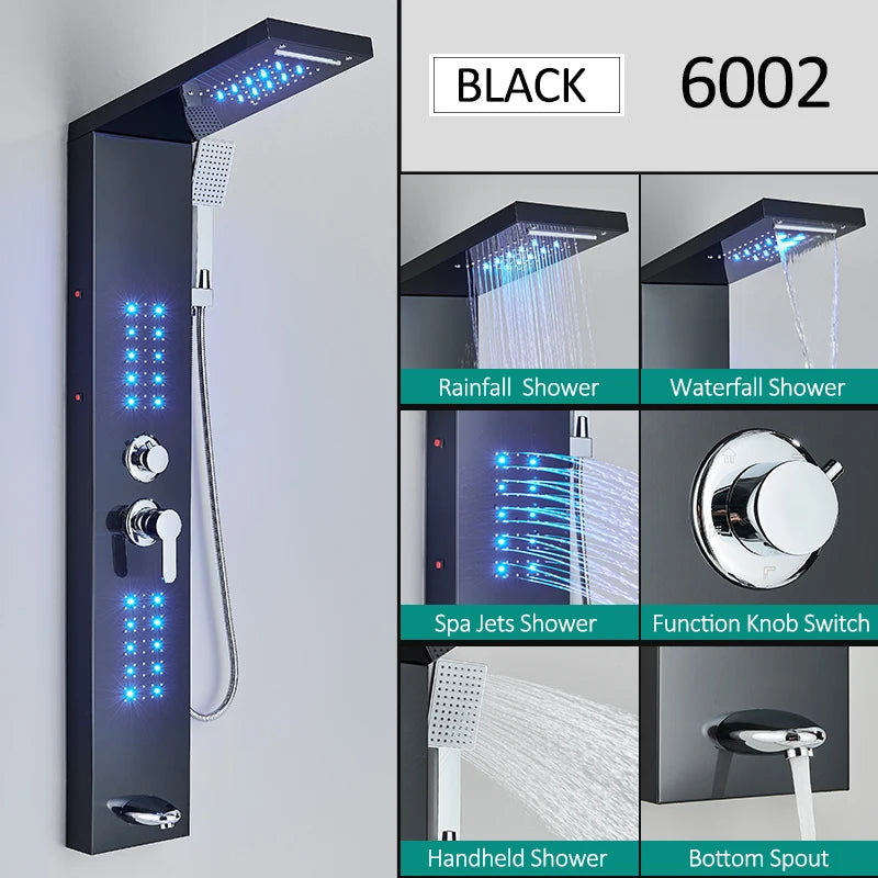 Black LED Shower Panel Tower System Rain Waterfall Shower Column Hydroelectricity Massage Body Spa Bath Shower Faucet Mixer Aimak Store