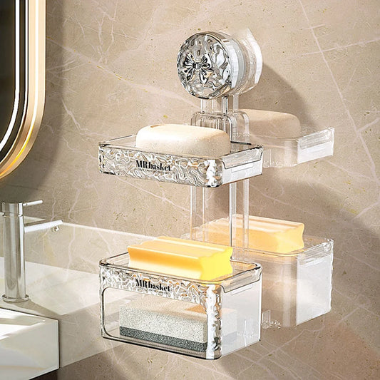 1 suction cup soap box, non perforated wall mounted bathroom shelf, double-layer drainage soap box