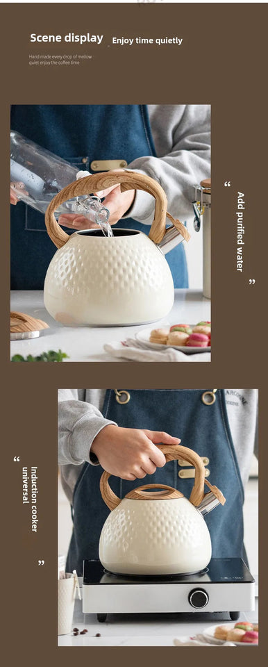 New Beige Hammer Pattern Whistle Kettle, Tea Coffee Kettle, European and American Kitchen Utensils, Flat-bottomed Whistle Pot 3L Aimak Store