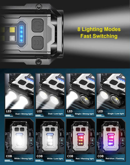 8 Modes Waterproof Mini Keychain Flashlight Magnet USB C Rechargeable EDC 800 High Lumens LED&COB Portable Clip on Flashlights