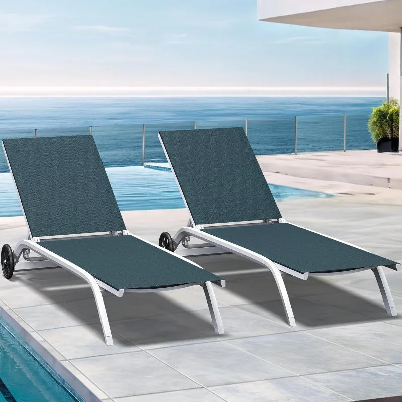 Aluminum Chaise Lounge Outdoor, Widened Patio Lounge Chair with Wheels, 5-Position Adjustable Sunbathing Recliner for Poolside Aimak Store