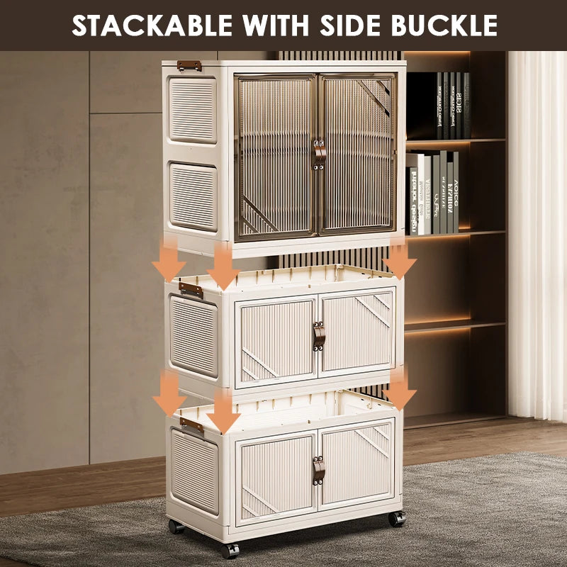 3-Tier Foldable Kids Wardrobe Storage Cabinet with Magnetic Doors & Wheels，Customizable Setup for Home Nursery Organization Aimak Store