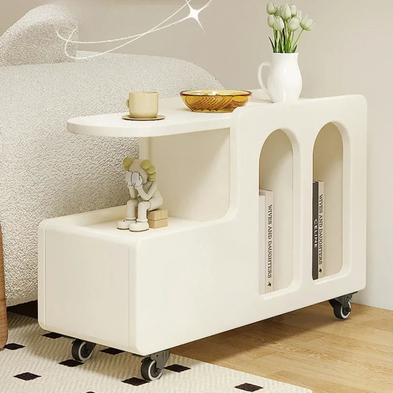 Movable Side Table with Storage Rack Cream Style End Table for Sofa Coffee Table Bedroom and Living Room Aimak Store